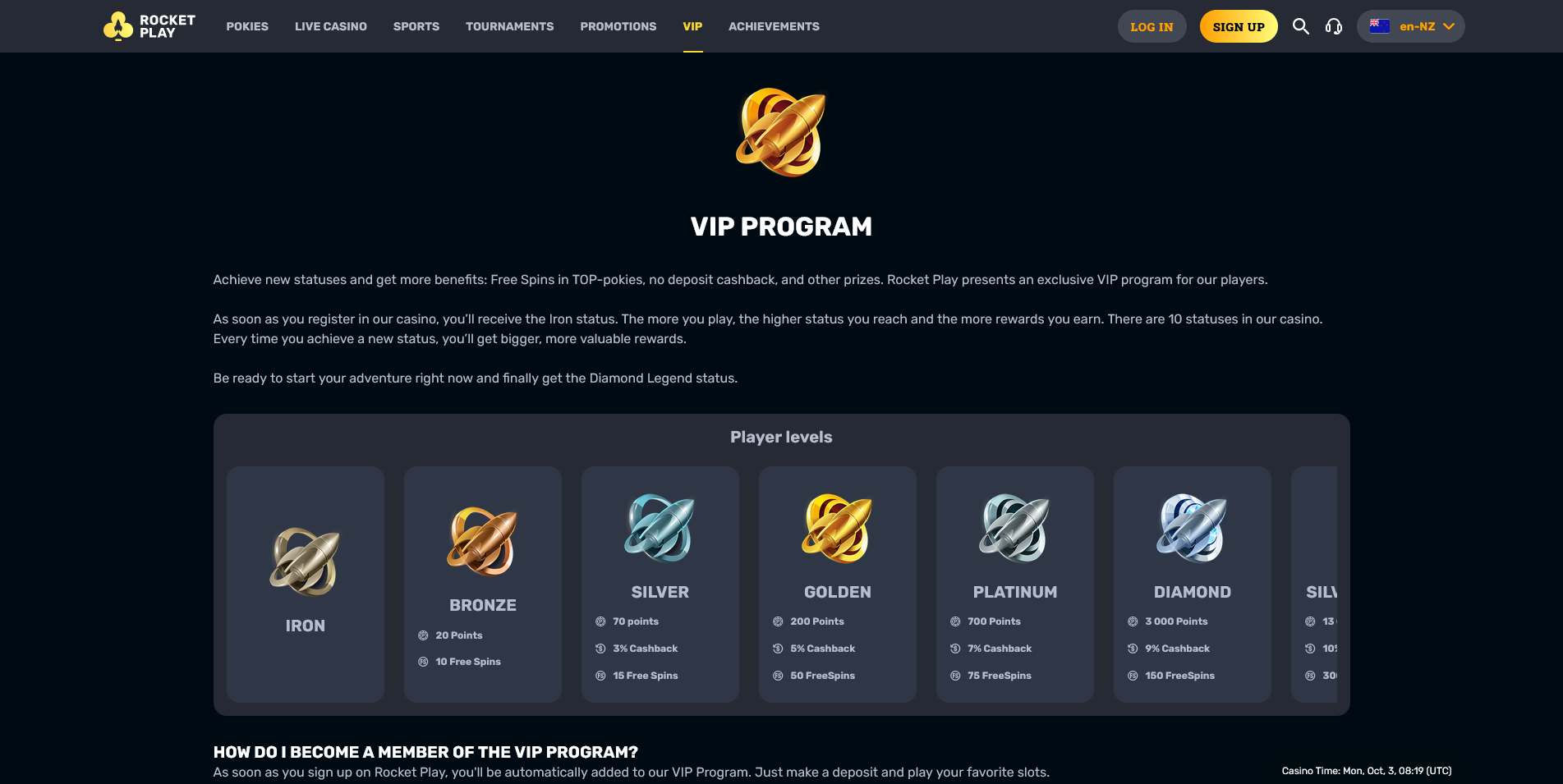 Screenshot of the RocketPlay Casino Vip Program Info Page