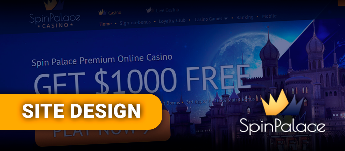 Spin Palace Casino website design and welcome bonus banner