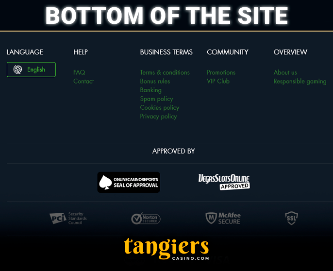 The bottom of the Tangiers Casino website with important links and security logos