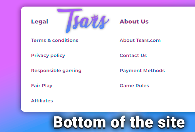 The bottom menu bar on the Tsars casino site