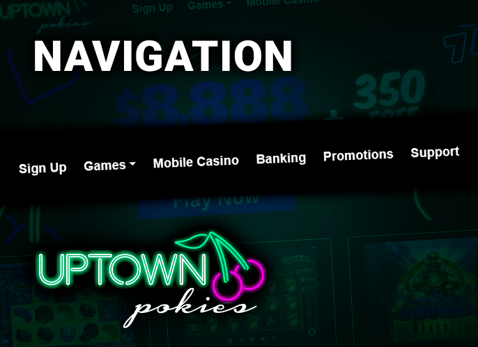 Uptown Pokies Casino website main menu - site navigation