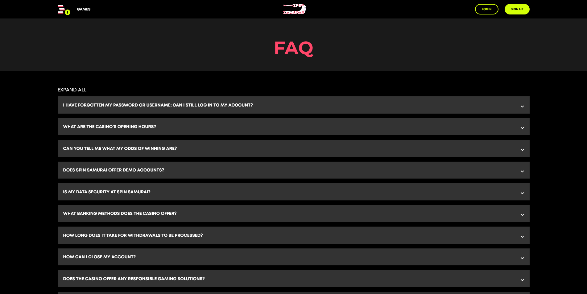 Screenshot of the Spin Samurai Casino FAQ Page