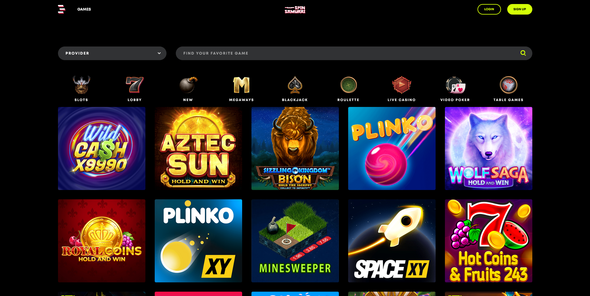 Screenshot of the Spin Samurai Casino Game Section Page