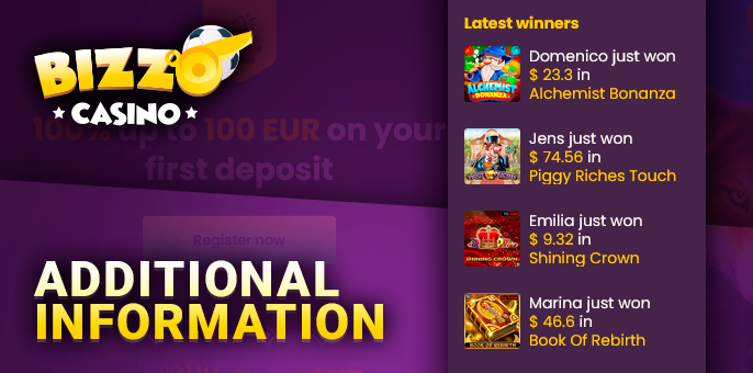 List of recent winners on Bizzo Casino website and welcome banner