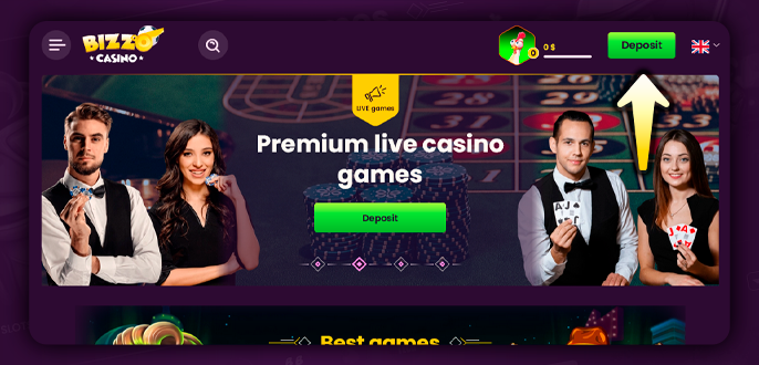 Deposit button on Bizzo casino website