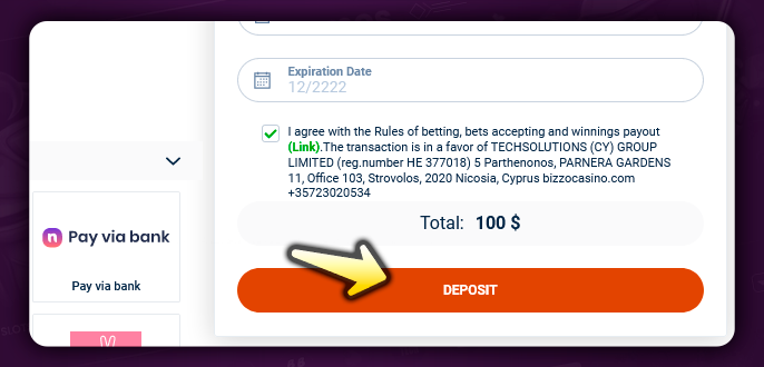 Completing a deposit on the Bizzo casino site