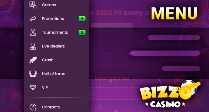 Side menu on Bizzo Casino website with important links for users