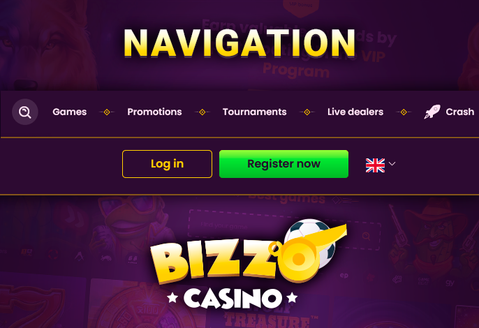 Bizzo Casino site navigation - top menu with search bar and categories