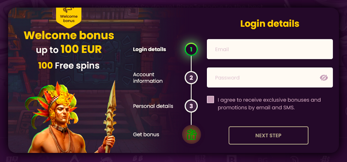 Opening the registration form on the site Bizzo Casino to enter personal data