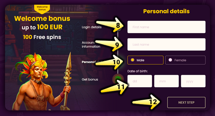 Entering personal data about the player for successful registration at Bizzo Casino