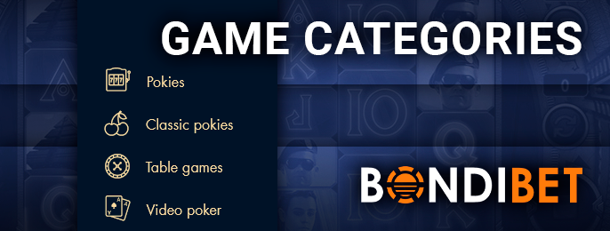 Game categories on BondiBet Casino - examples of games