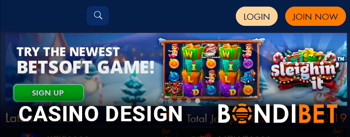BondiBet Casino website design with login and registration buttons