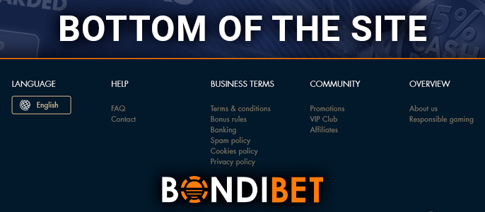Bottom of BondiBet Casino website with important links and language changes