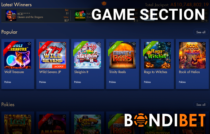 Gaming section at BondiBet Casino with the latest winners and games