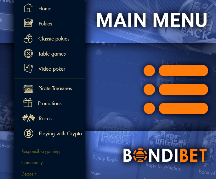 Main menu on BondiBet Casino website for player navigation