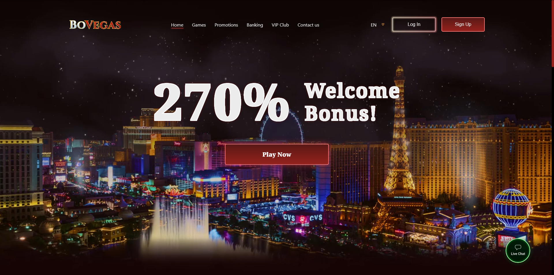 Screenshot of the BoVegas Casino home page