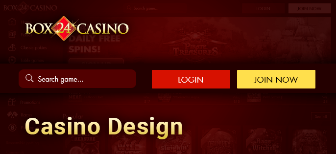 Box 24 Casino website design - top menu with registration and authorization buttons