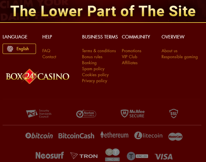 The bottom of the site Box24 casino with partner logos and important links