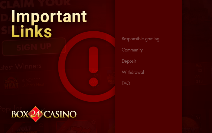 Important links in the site menu Box24 casino - useful links for casino players