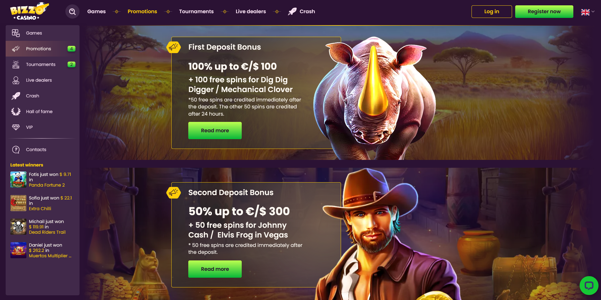 Screenshot of the Bizzo Casino Promotions Page