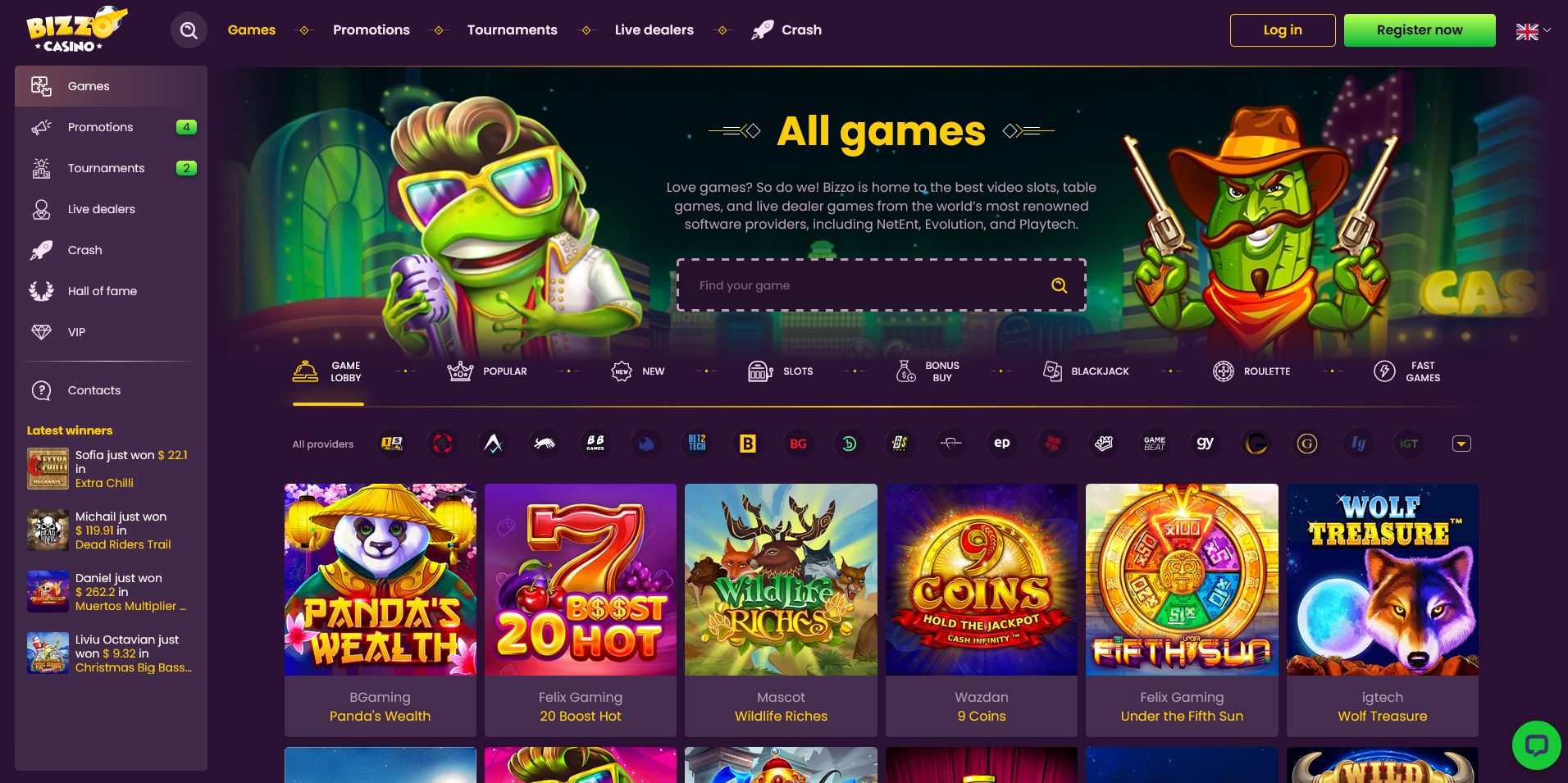 Screenshot of the Bizzo Casino Game Section