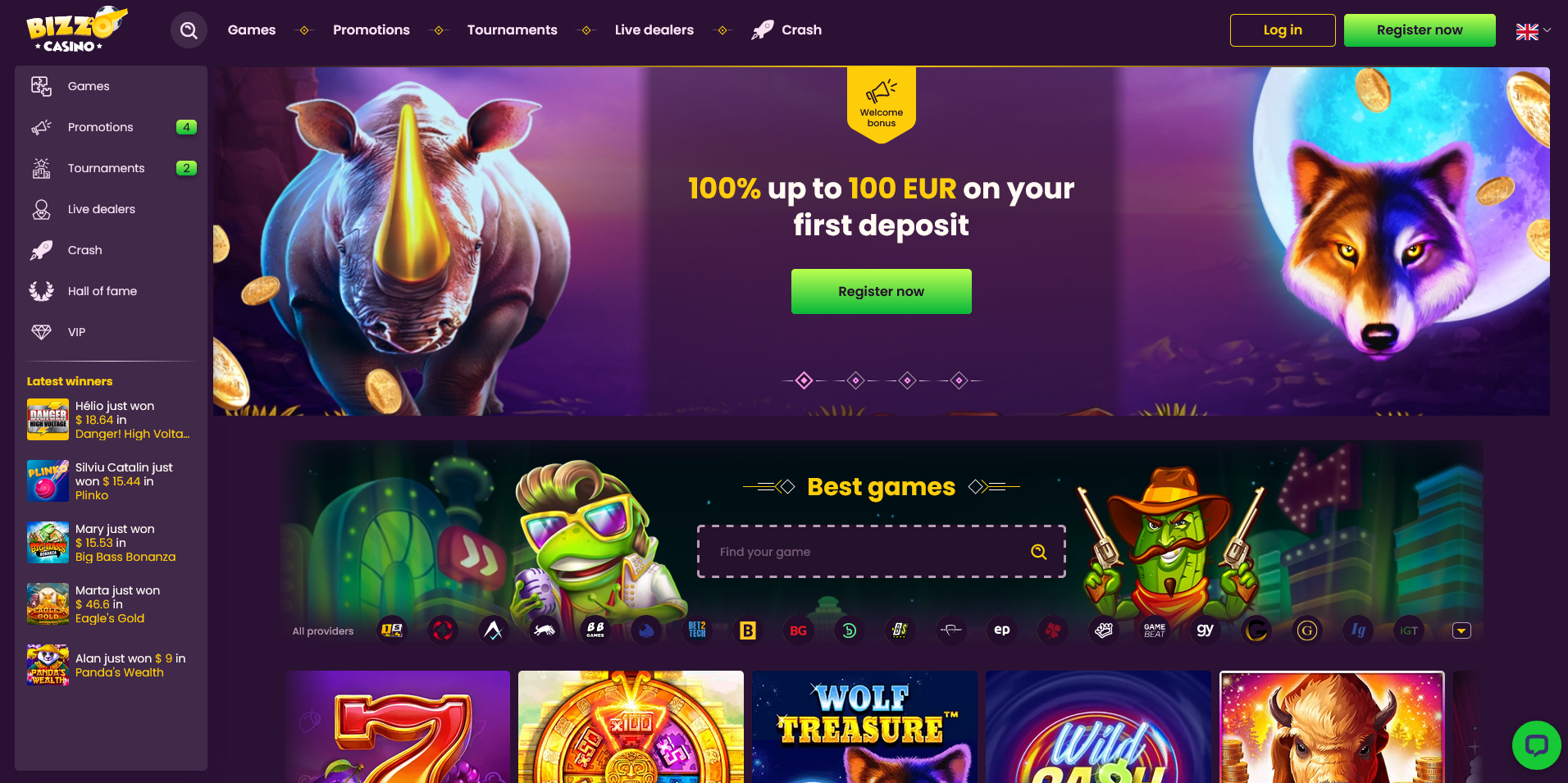 Screenshot of the Bizzo Casino home page