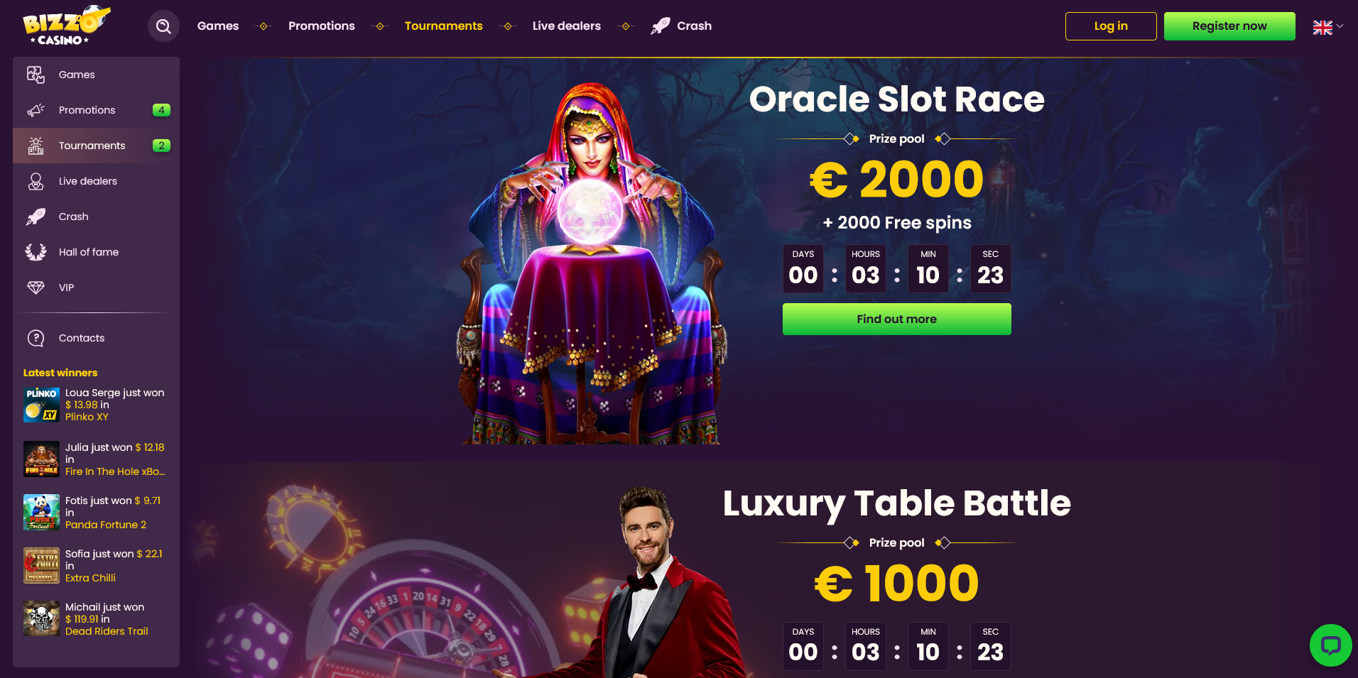 Screenshot of the Bizzo Casino Tournaments Page
