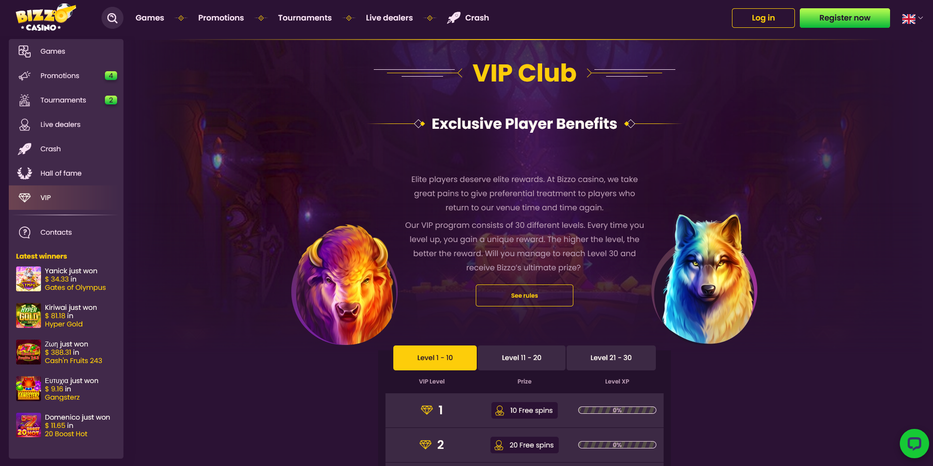 Screenshot of the Bizzo Casino Vip Info Page