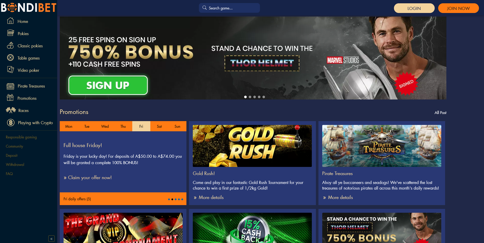 Screenshot of the BondiBet Casino bonuses page