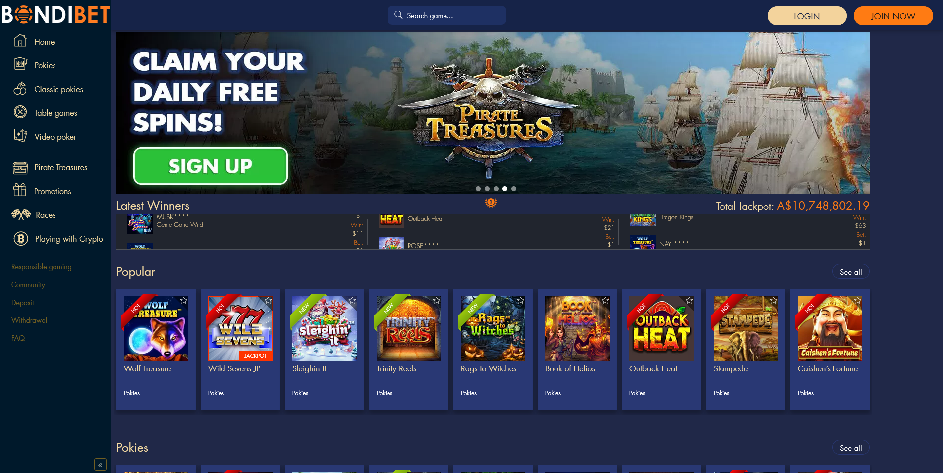 Screenshot of the BondiBet Casino home page