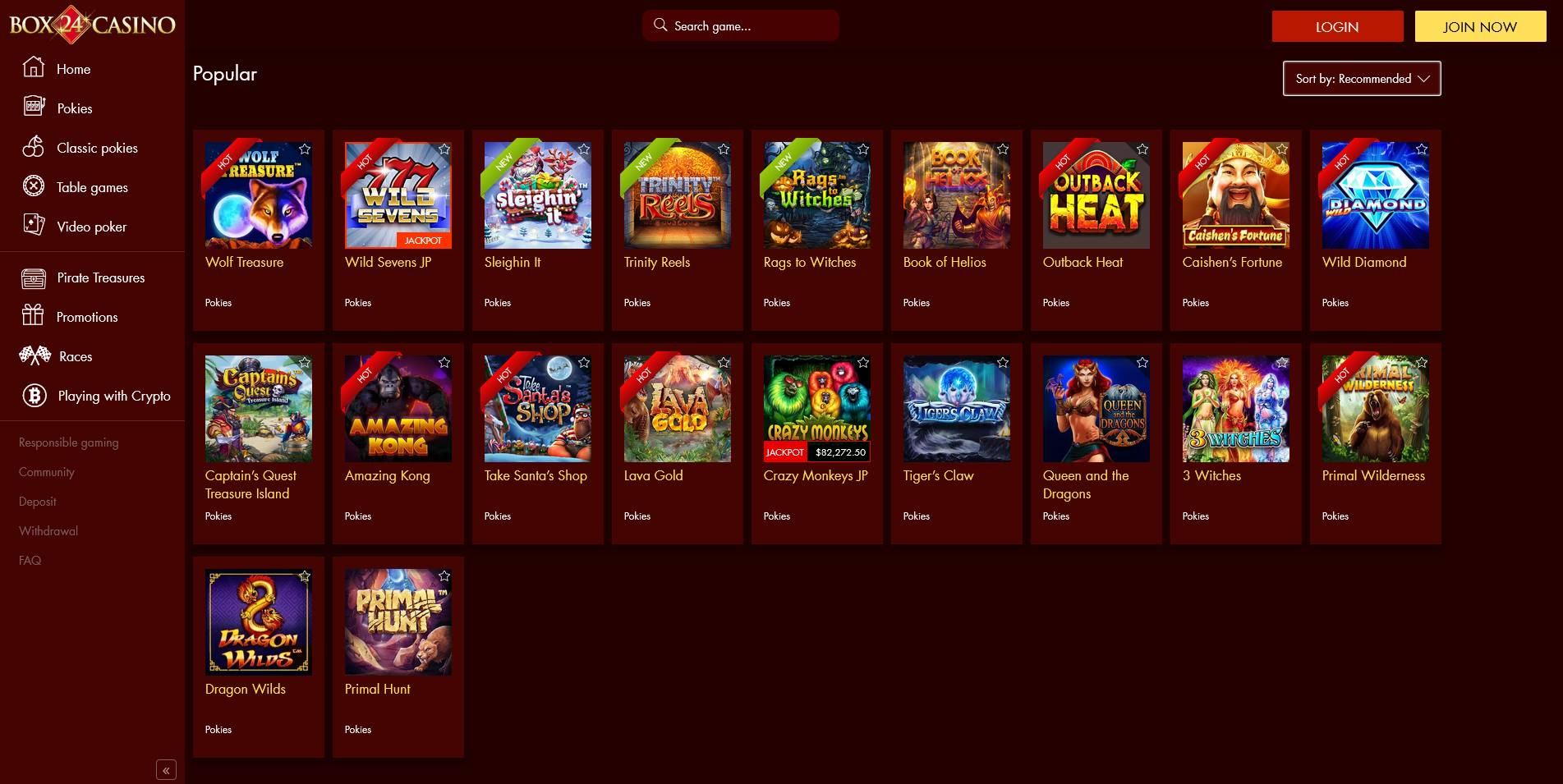 Screenshot of the Box 24 Casino Game section