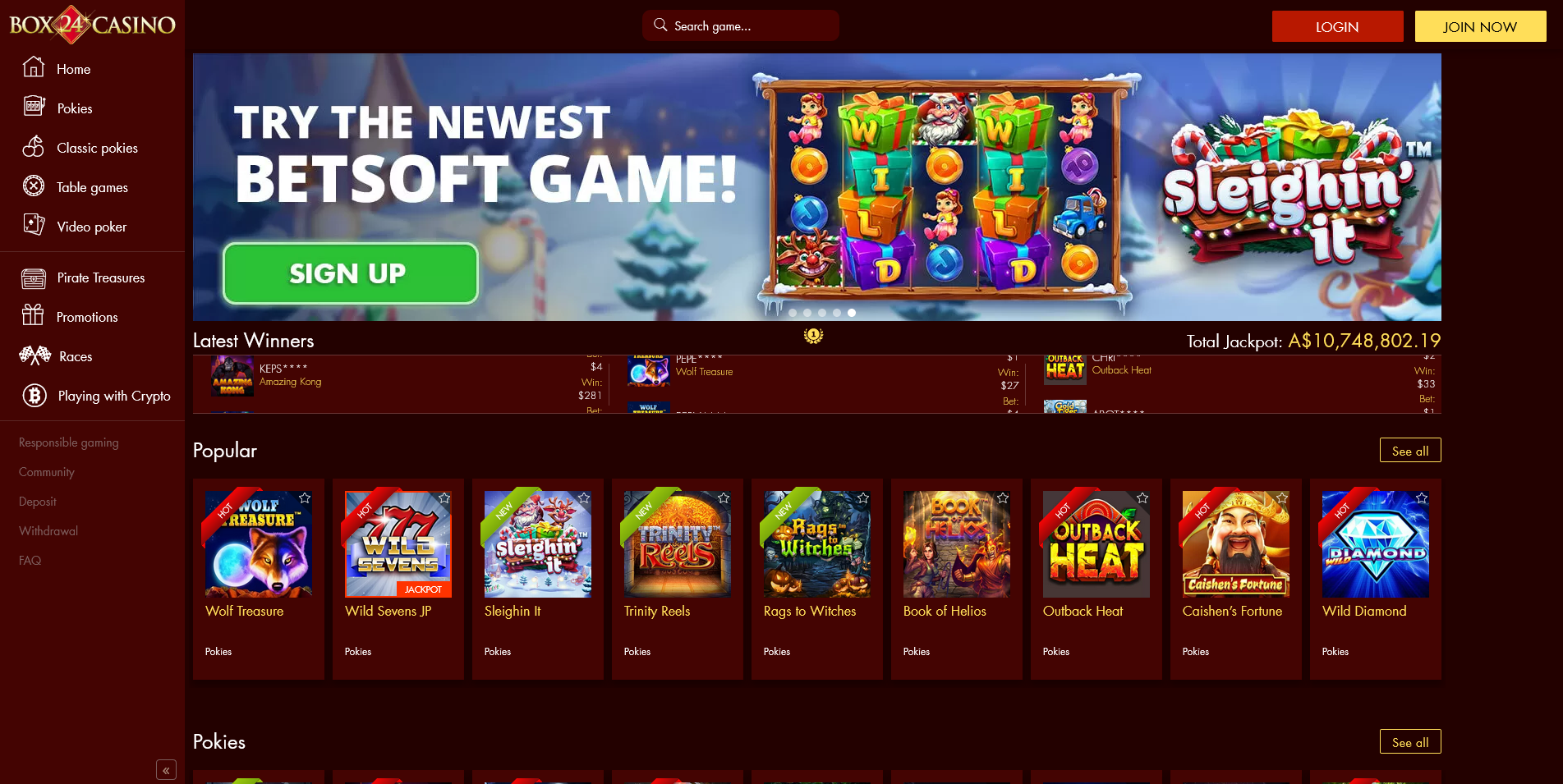 Screenshot of the Box 24 Casino home page