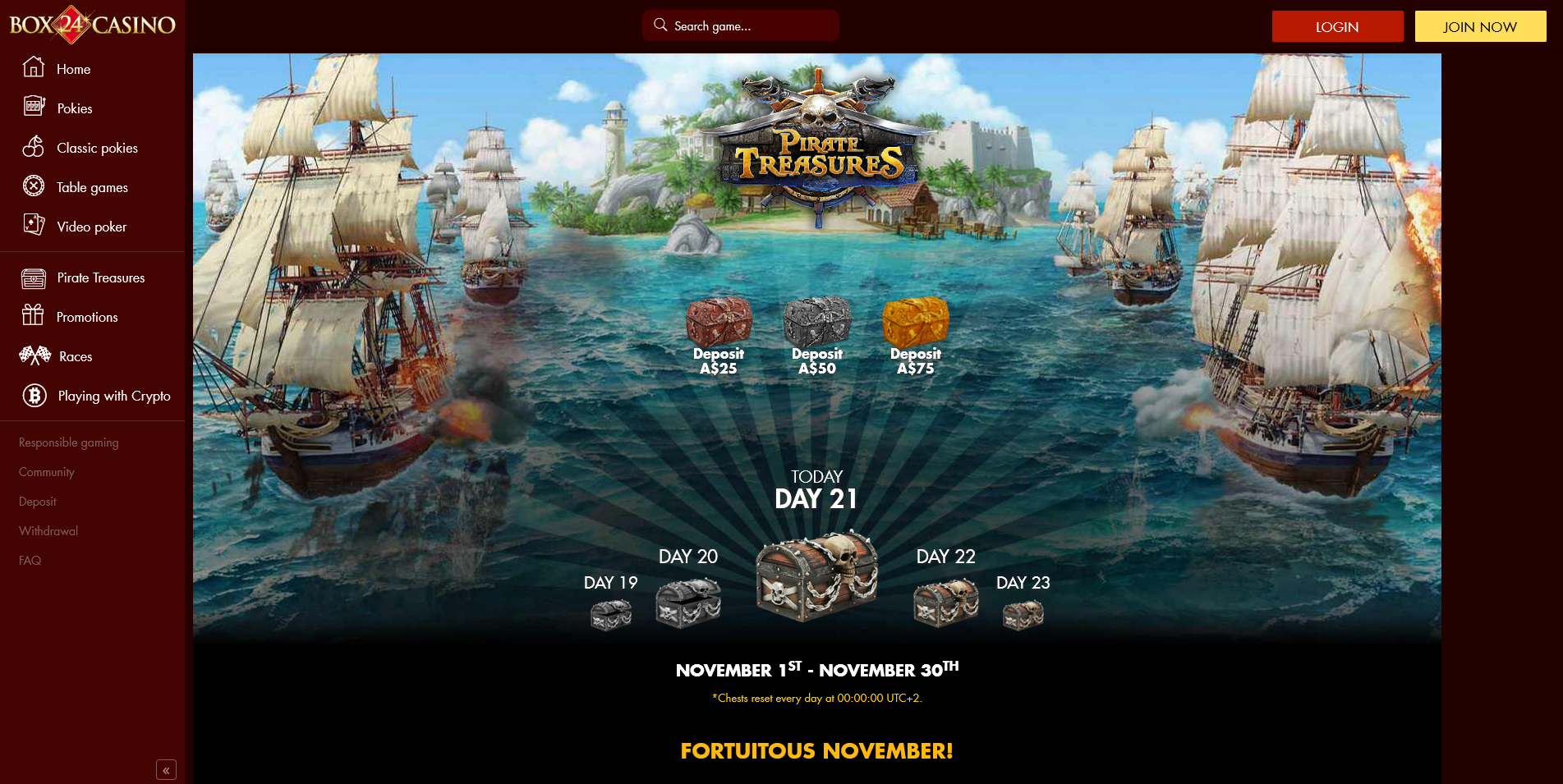 Screenshot of the Box 24 Casino treasures page