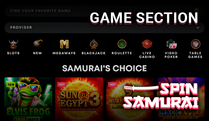 Gambling section at Spin Samurai Casino with games and selection of providers