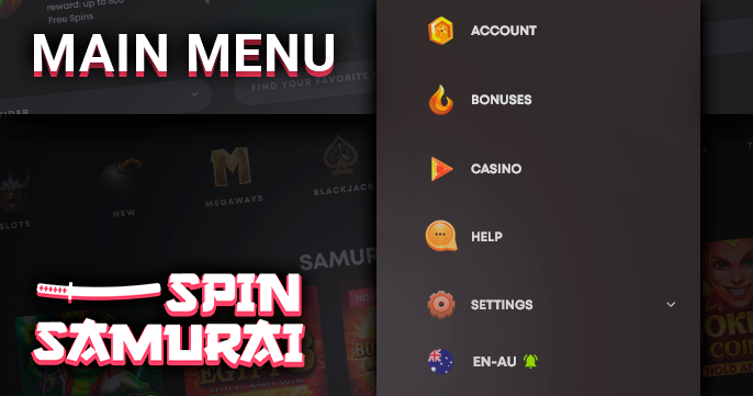 Main menu on the site Spin Samurai Casino - how to navigate the site