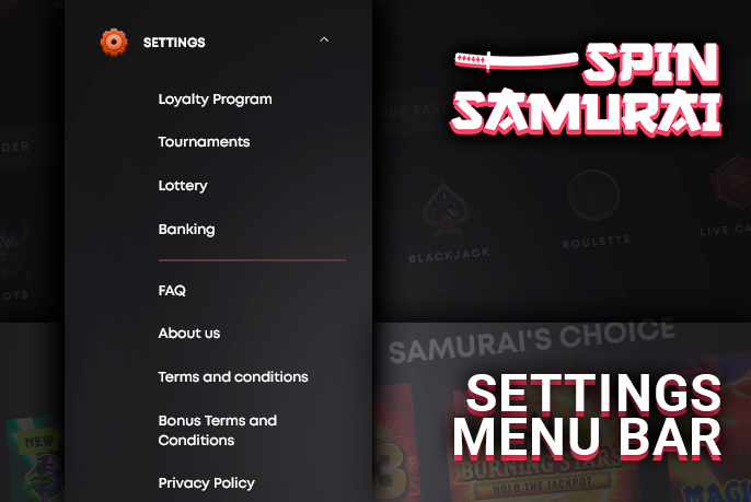 Settings menu bar on the Spin Samurai Casino website