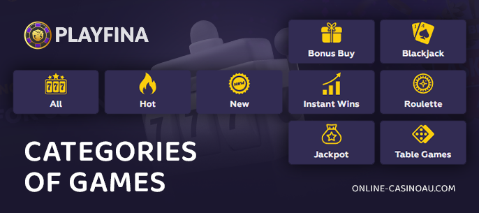 Available categories of casino games on Playfina Casino website