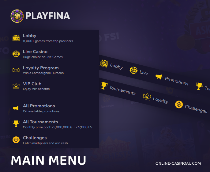 Main menu on the Playfina Casino website