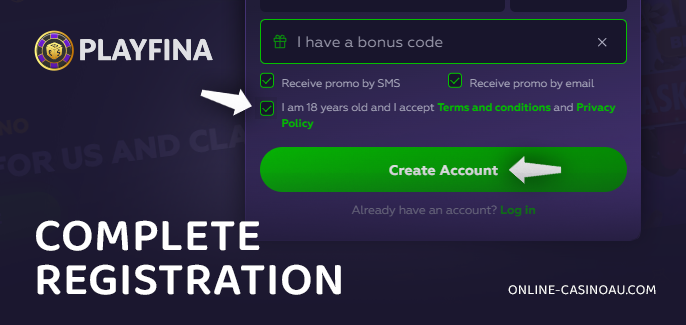 Complete your Playfina Casino account registration