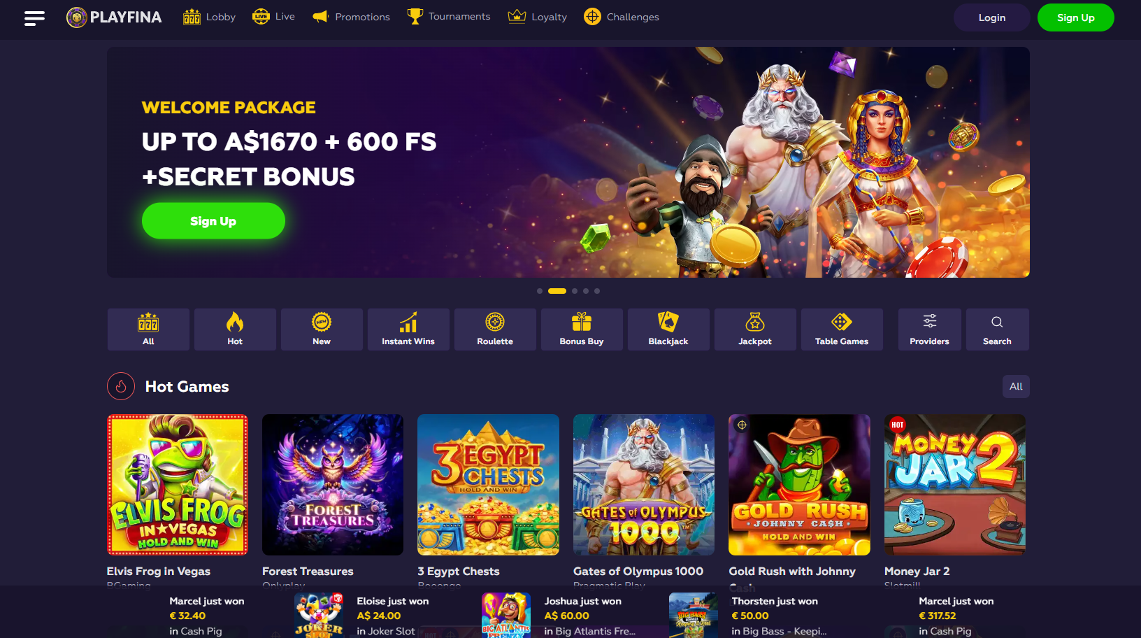 Screenshot of Playfina Casino homepage