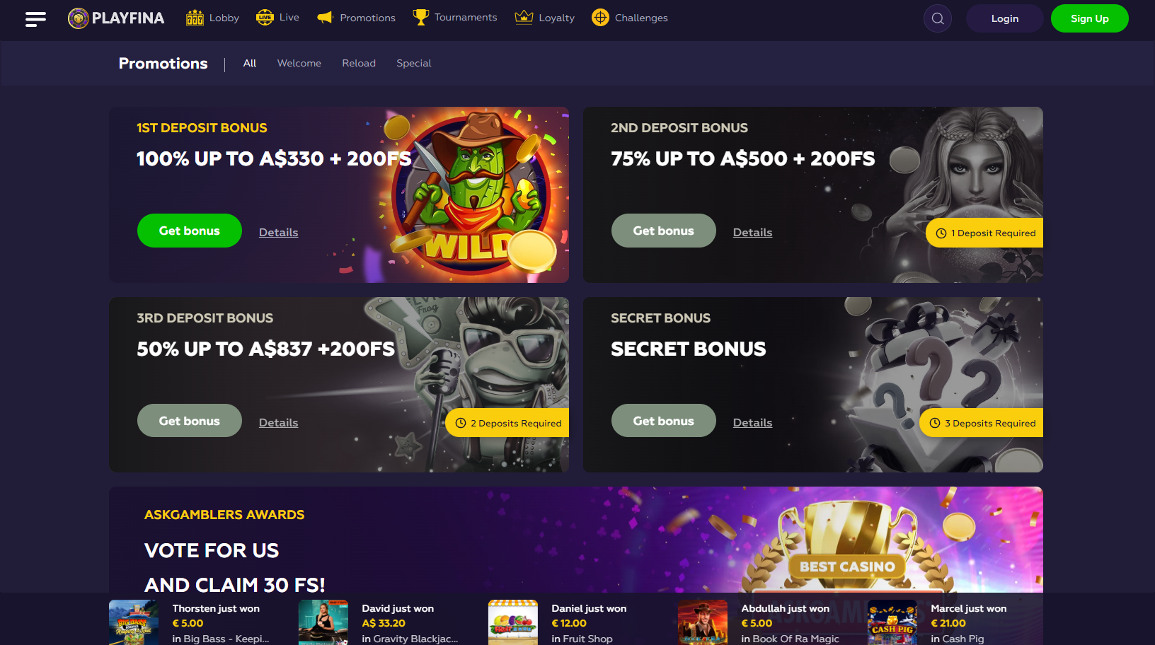 Screenshot of bonus offers at Playfina Casino