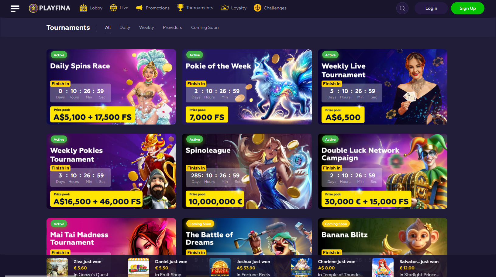Screenshot of Playfina Casino's player tournaments page.