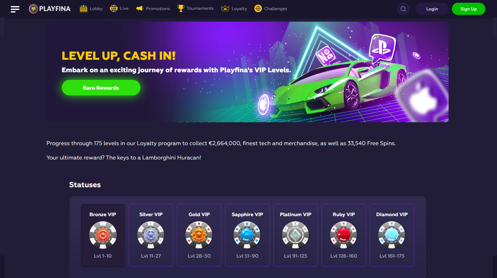 Screenshot of Playfina Casino loyalty program page