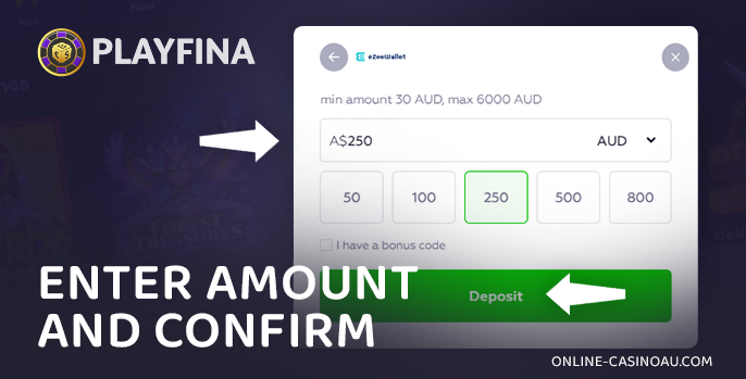 Enter the deposit amount at Playfina Casino and confirm