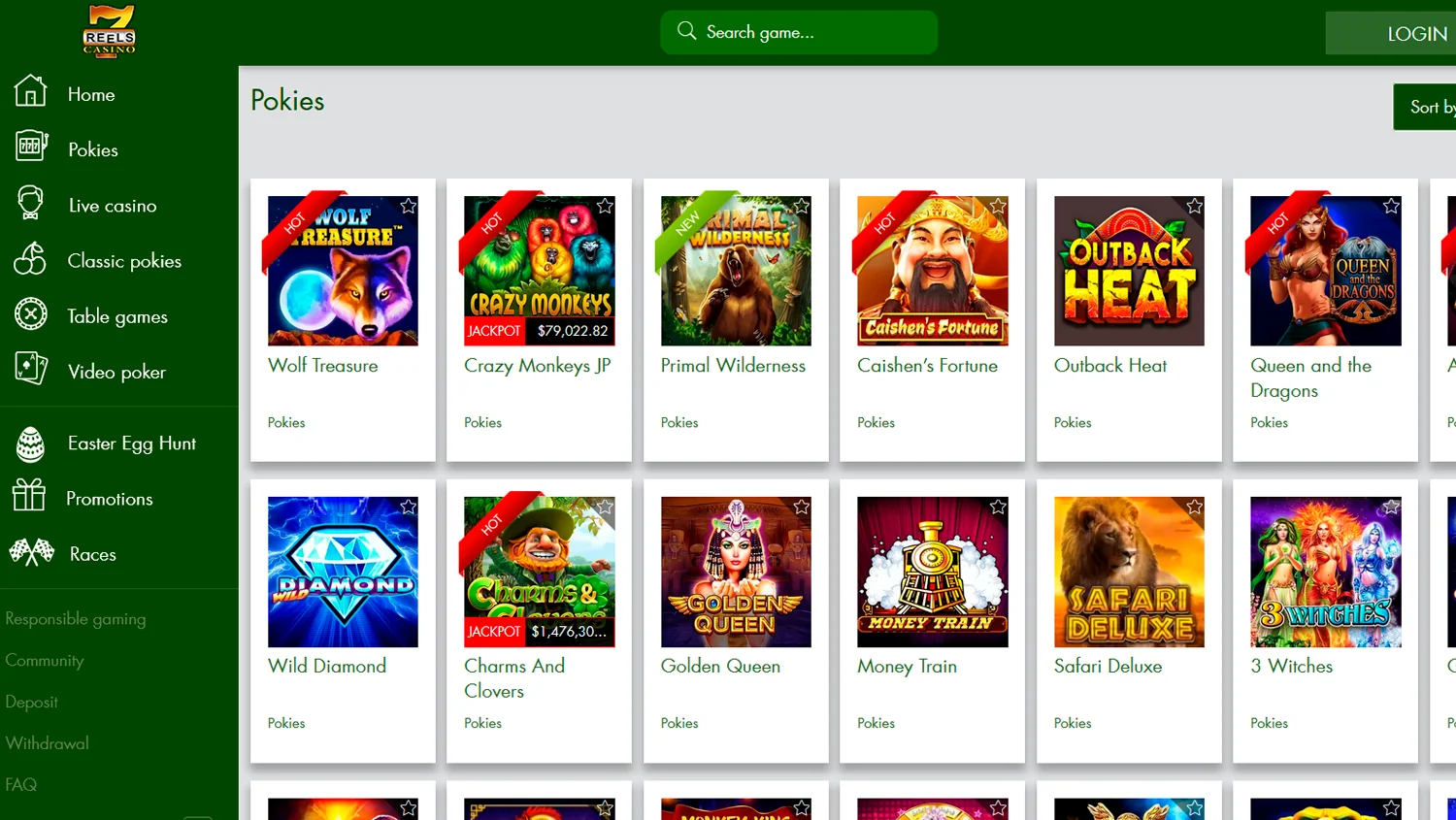 Screenshot of Pokies category on 7Reels casino