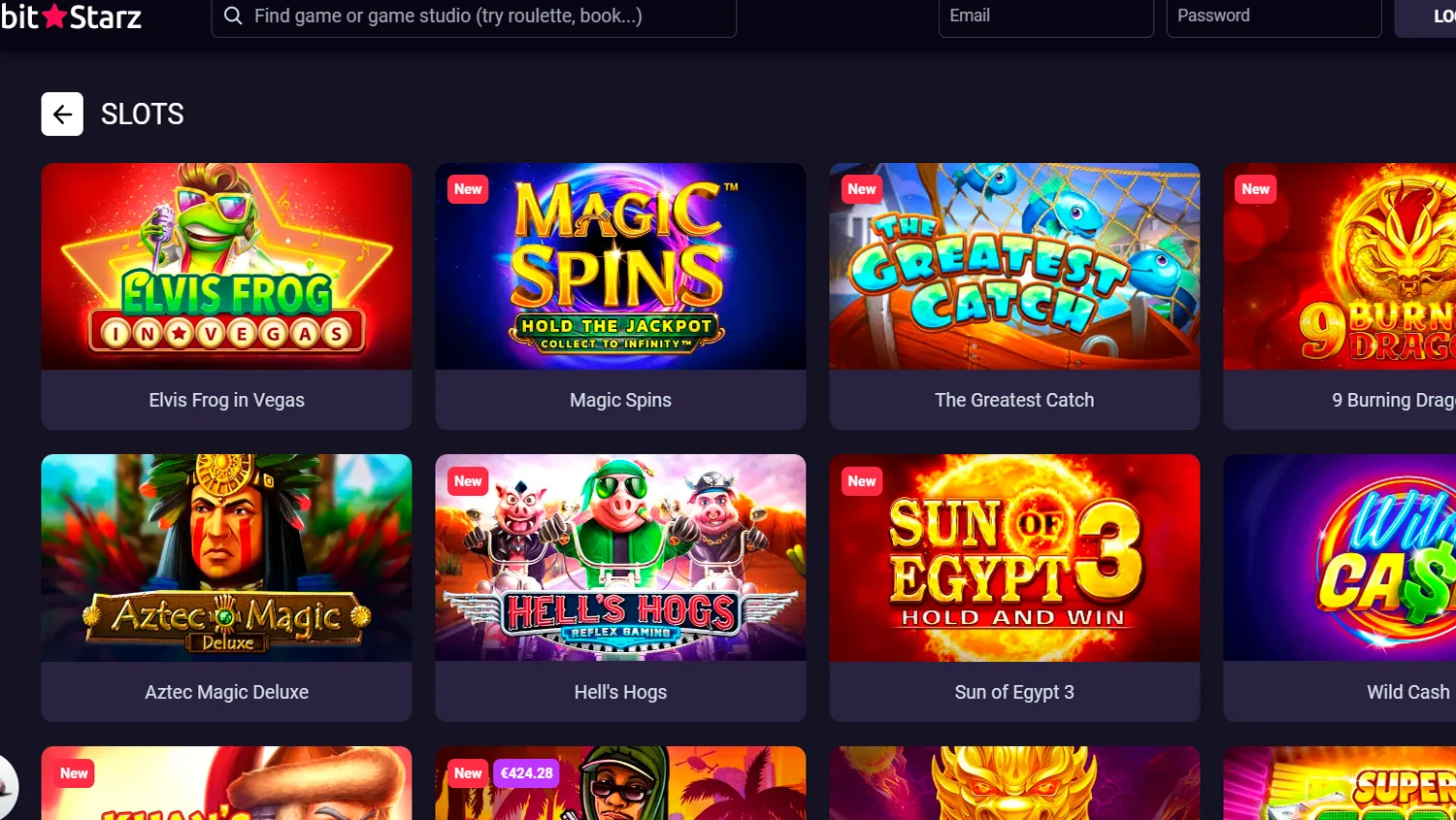 Slots category on Bitstarz casino website and Bitstarz casino logo