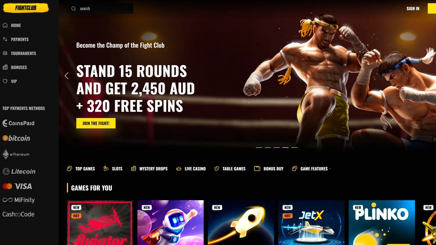 Loyalty program page on the Fight Club Casino website