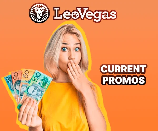 Astonished girl holding Australian dollars on the background of the LeoVegas logo