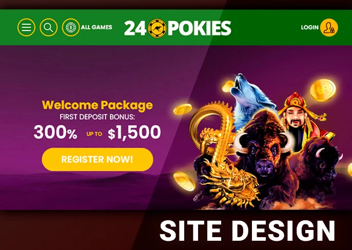 The top menu of the 24 Pokies Casino website and the banner with the registration button