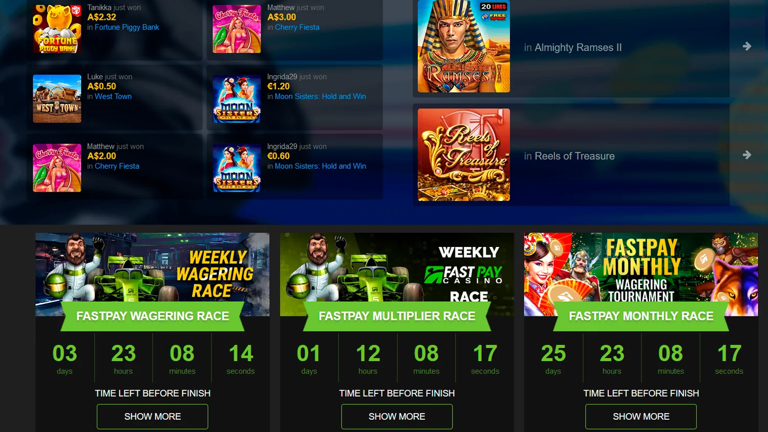 Screenshot of online tournaments at FastPay Casino